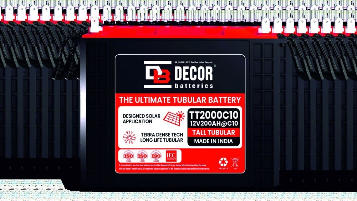 DÉCOR TT2000C10 tall tubular battery, 12V 200Ah, black case with red terminal cover